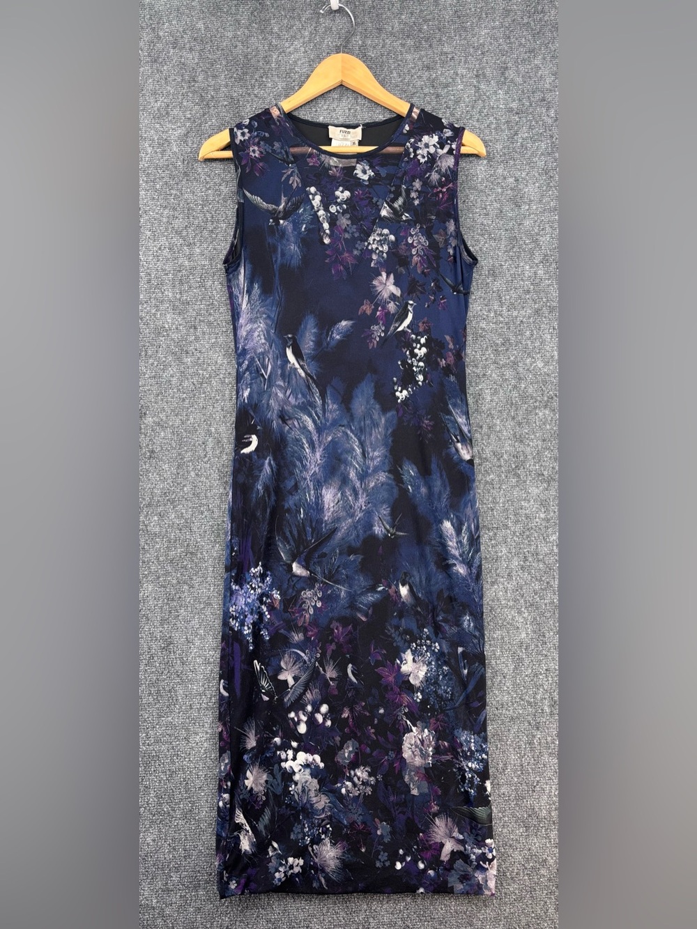 Fuzzi Jean Paul Gaultier Luxury Blue Floral Bird Mesh Midi Bodycon Dress Size XL